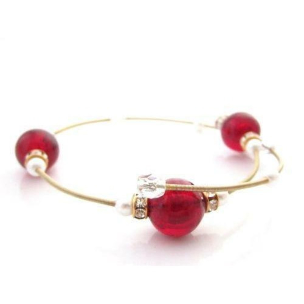 Ruby Red Glass, Rhinestone‎ Rondelles & Faux Pearls Gold Wrap Bypass Bracelet